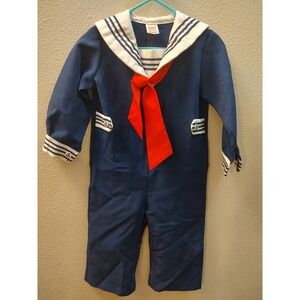 Vtg Sears Sailor Suit Infant Large Navy Blue and White Red Neck Tie Snap Crotch